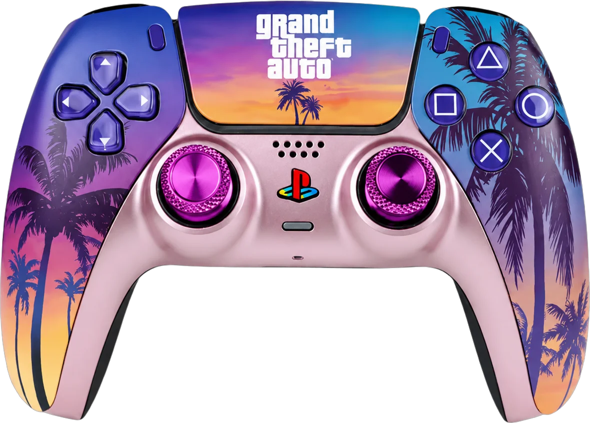 Manette custom EvoStrike thème GTA Vice City, palmiers et coucher de soleil